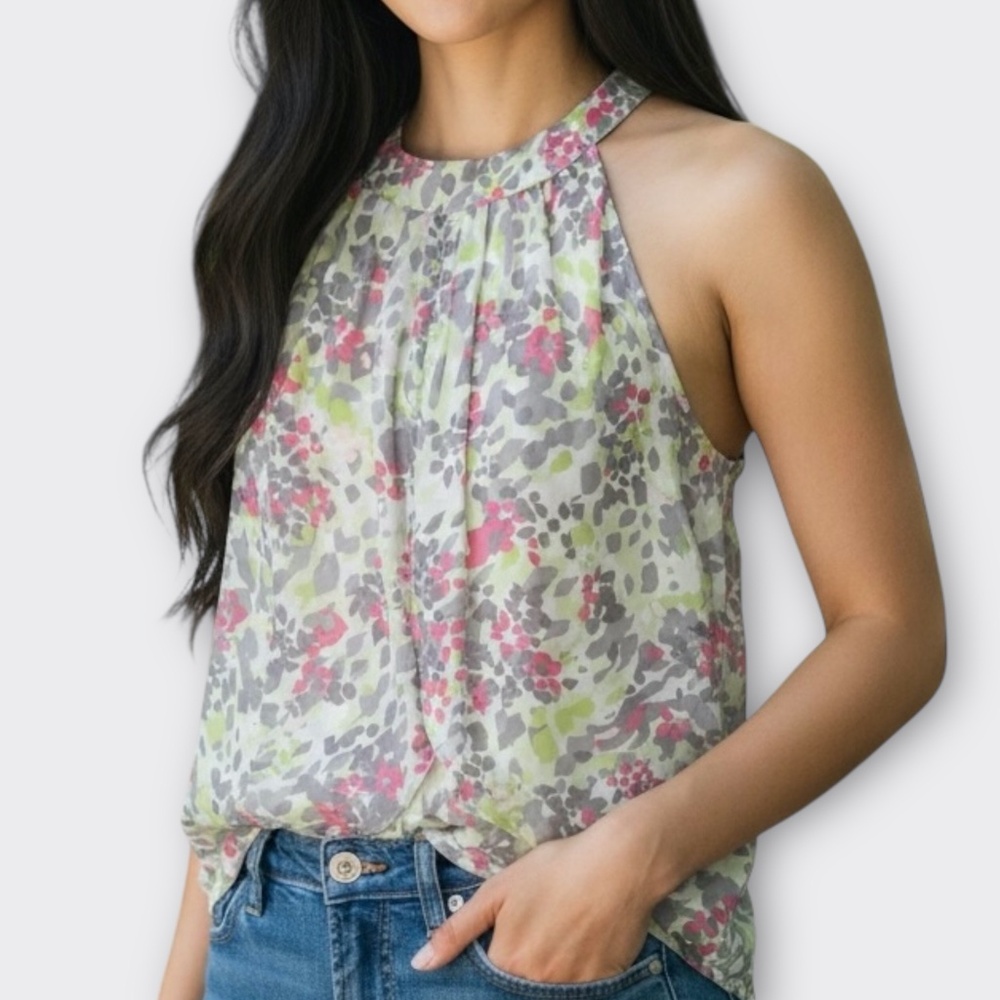 LOFT Women Blouse Sleeveless Lined Soft Floral Airy Feminine Career Pink Green L